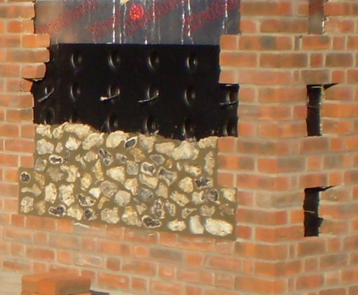 Insulation held firmly in place by the SureCav panel. Helical ties can be used for random stonework, as shown in the illustration.